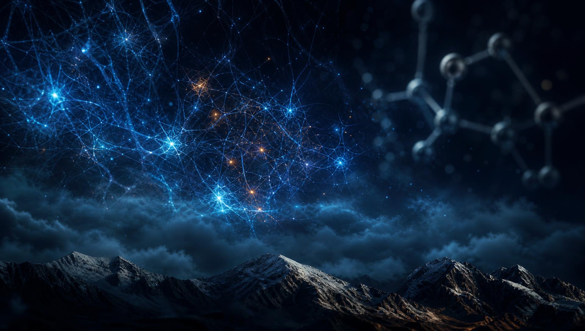 Luminous neural and molecular network above a dark mountain range